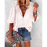 Crochet Lace Lantern Sleeve Shirt - white