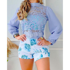 Crochet Lace Lantern Sleeve Top & Floral Print Shorts Set - blue