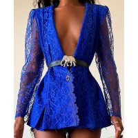 Crochet Lace Long Sleeve Plunge Blazer Coat - blue