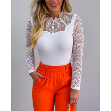 Crochet Lace Long Sleeve Ribbed Top - white