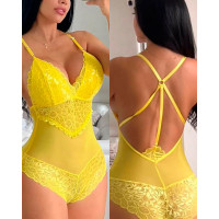 Crochet Lace Multi-Strap Backless Teddy - yellow