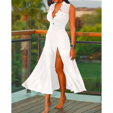 Crochet Lace Patch Buttoned Slit Maxi Dress - white