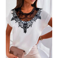 Crochet Lace Patch Casual T-shirt - white