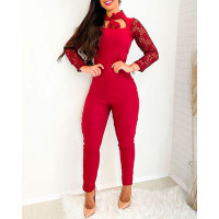 Crochet Lace Patch Cutout Skinny Jumpsuit - red