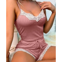 Crochet Lace Patch Drawstring Cami Set - pink