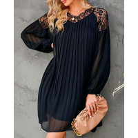 Crochet Lace Patch Lantern Sleeve Pleated Dress - black