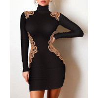 Crochet Lace Patch Long Sleeve Bodycon Dress - black