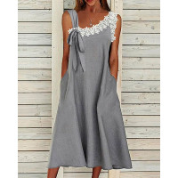 Crochet Lace Patch Pocket Design Swing Dress - gray