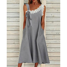 Crochet Lace Patch Pocket Design Swing Dress - gray