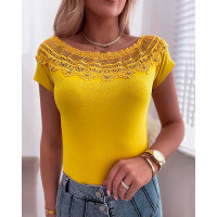 Crochet Lace Patch Rhinestone Decor T-shirt - yellow