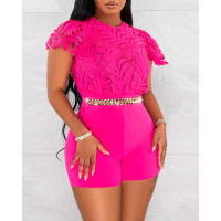 Crochet Lace Patch Short Sleeve Romper - hot pink