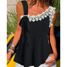 Crochet Lace Patch Tied Detail Tank Top - black