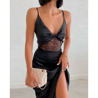 Crochet Lace Patch Twisted Backless Party Dress - black