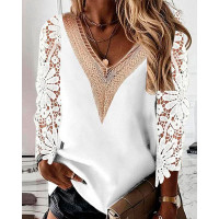 Crochet Lace Patch V-Neck Top - white