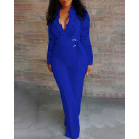 Crochet Lace Plunge Long Sleeve Jumpsuit - blue