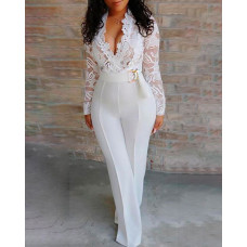 Crochet Lace Plunge Long Sleeve Jumpsuit - white