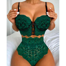 Crochet Lace Scallop Trim Lingerie Set - green