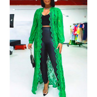 Crochet Lace Scallop Trim Longline Coat - green