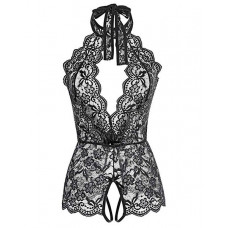 Crochet Lace Sheer Mesh Halter Teddy - black