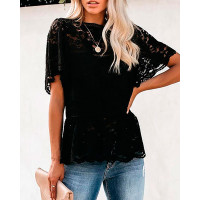 Crochet Lace Short Sleeve T-Shirt - black