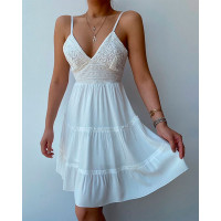 Crochet Lace Tied Detail Backless Cami Dress - white