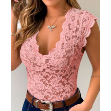 Crochet Lace V Neck Bodysuit - pink