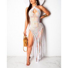 Crochet Open Back Tassel Cover Ups - white