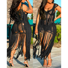 Crochet Tassel Design Cover Up Dress - black