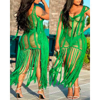 Crochet Tassel Design Cover Up Dress - green