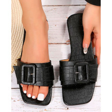 Crocodile Buckled Wide Strap Slippers - black