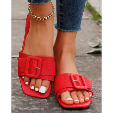 Crocodile Buckled Wide Strap Slippers - red