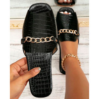 Crocodile Chain Decor Peep Toe Slippers - black