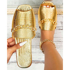 Crocodile Chain Decor Peep Toe Slippers - gold