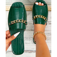 Crocodile Chain Decor Peep Toe Slippers - green