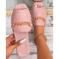 Crocodile Chain Decor Peep Toe Slippers - pink