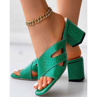 Crocodile Crisscross Chunky Heeled Sandals - green