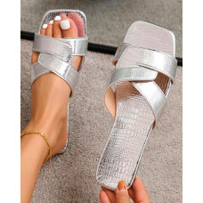 Crocodile Cross Strap Non Slip Slippers - silver