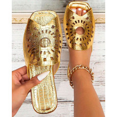 Crocodile Hollow Out Peep Toe Slippers - gold