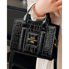 Crocodile Letter Pattern Satchel Bag - black