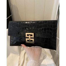 Crocodile Press Lock Envelop Flap Clutch Bag - black