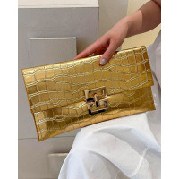 Crocodile Press Lock Envelop Flap Clutch Bag - gold