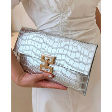 Crocodile Press Lock Envelop Flap Clutch Bag - silver