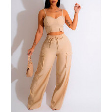 Crop Cami Top & Pocket Design Pants Set - Apricot