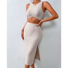 Crop Knit Tank Top & Slit Skirt Set - white