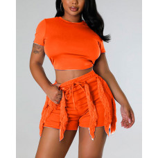 Crop T-shirt & Drawstring Tassel Design Shorts Set - orange