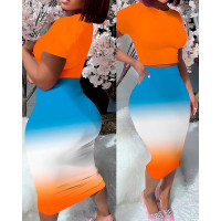 Crop T-shirt & Ombre Skirt Set - orange