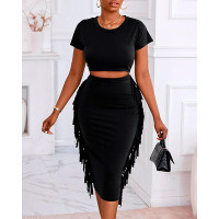 Crop T-shirt & Tassel Design High Waist Skirt Set - black