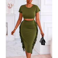 Crop T-shirt & Tassel Design High Waist Skirt Set - green