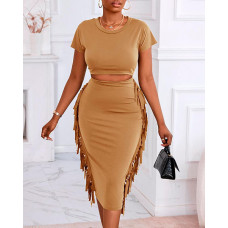 Crop T-shirt & Tassel Design High Waist Skirt Set - khaki