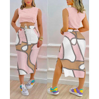 Crop Tank Top & Chain Print Split Hem Skirt Set - pink